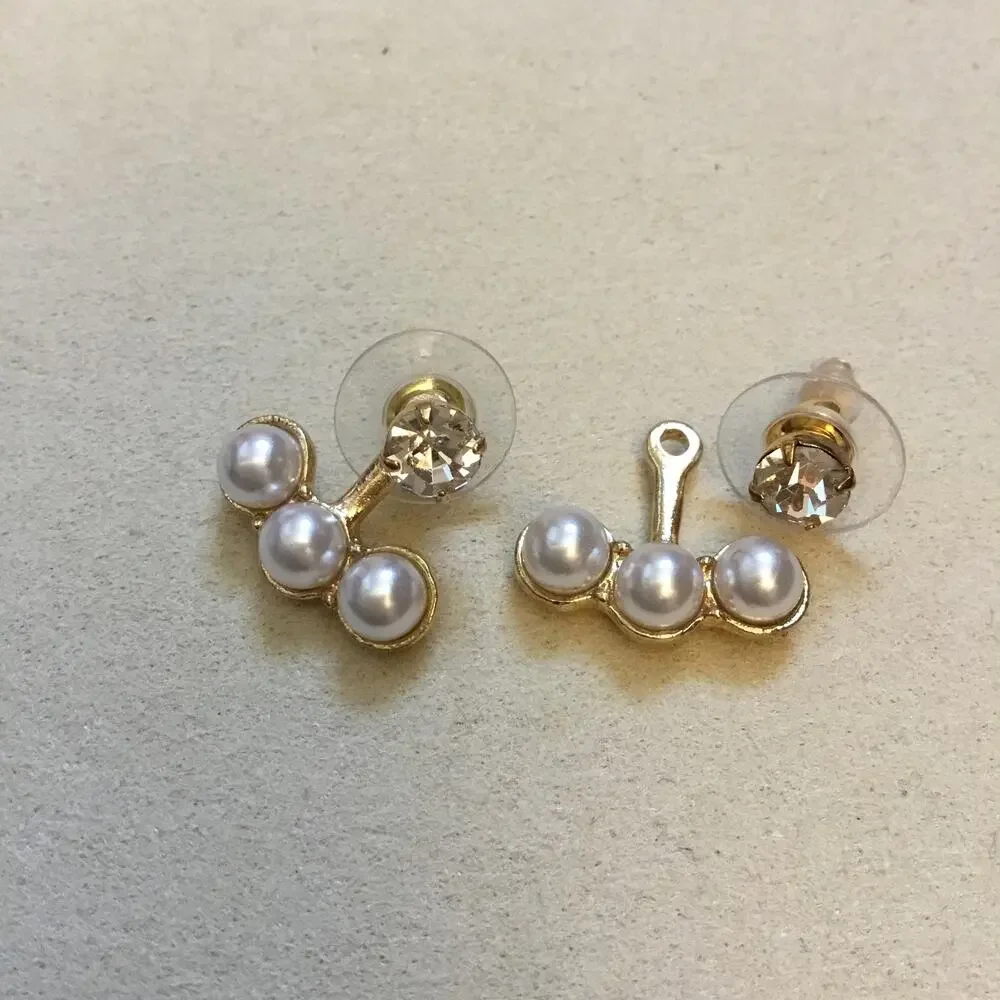 Front Back Gold Tripple Pearl Faux Diamond Stud Earrings